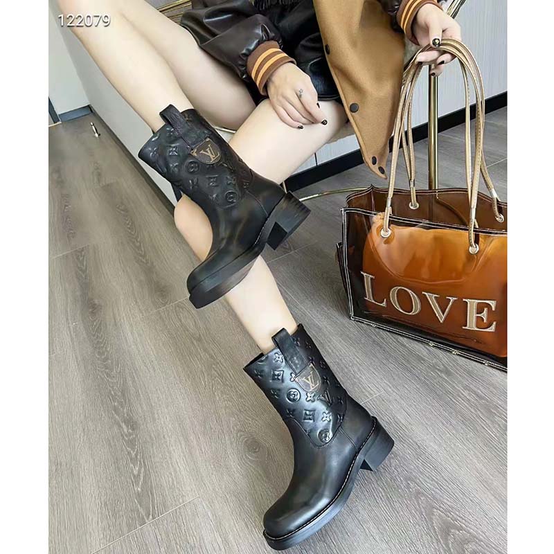 Louis Vuitton Women Downtown Ankle Boot Black Embossed Calf Leather 3 cm Heel