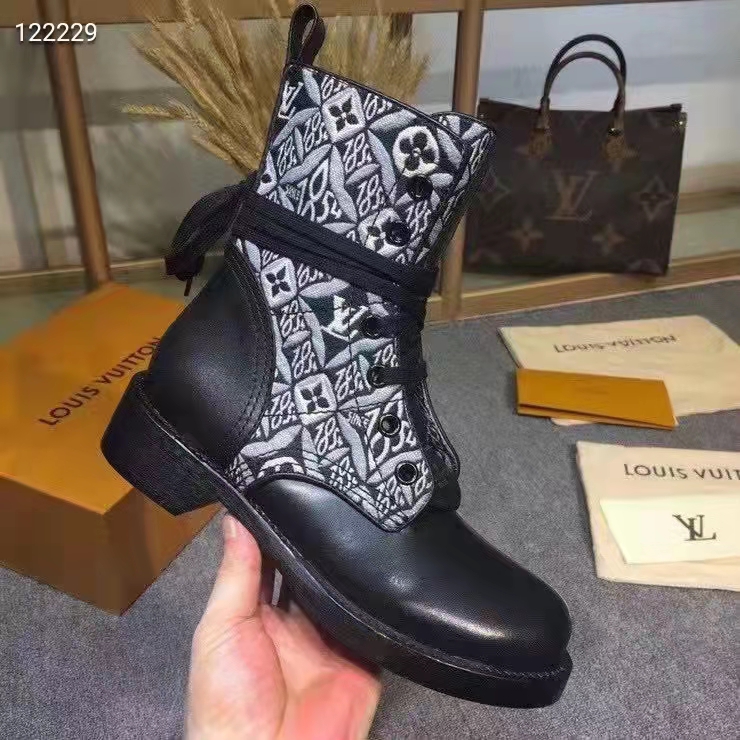 Louis Vuitton Women Platform Desert Boot Gray Jacquard Textile Calf Leather
