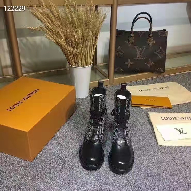 Louis Vuitton Women Platform Desert Boot Gray Jacquard Textile Calf Leather