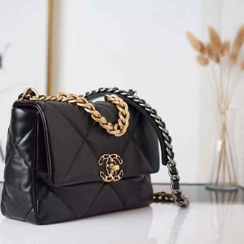 Chanel Women 19 Large Handbag Black Lambskin Gold Silver-Tone Ruthenium-Finish Metal