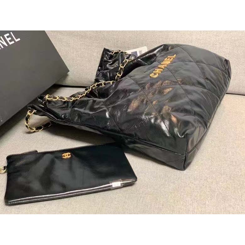 Chanel Women 22 Large Handbag Shiny Calfskin Gold-Tone Metal Black