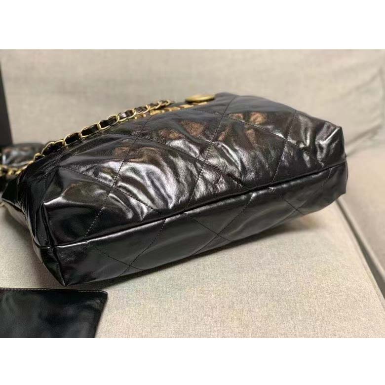 Chanel Women 22 Large Handbag Shiny Calfskin Gold-Tone Metal Black