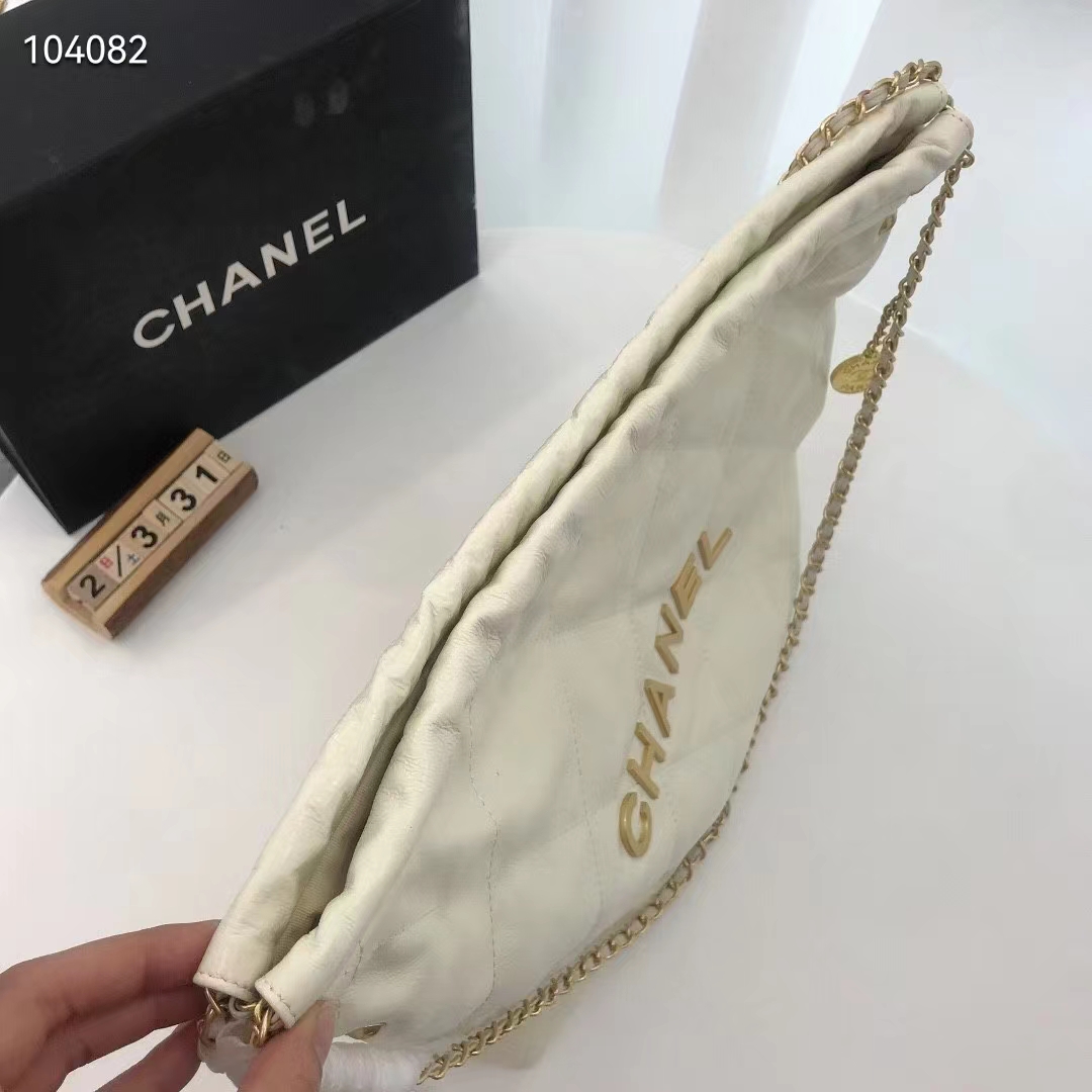 Chanel Women 22 Small Handbag Shiny Calfskin Gold-Tone Metal Beige