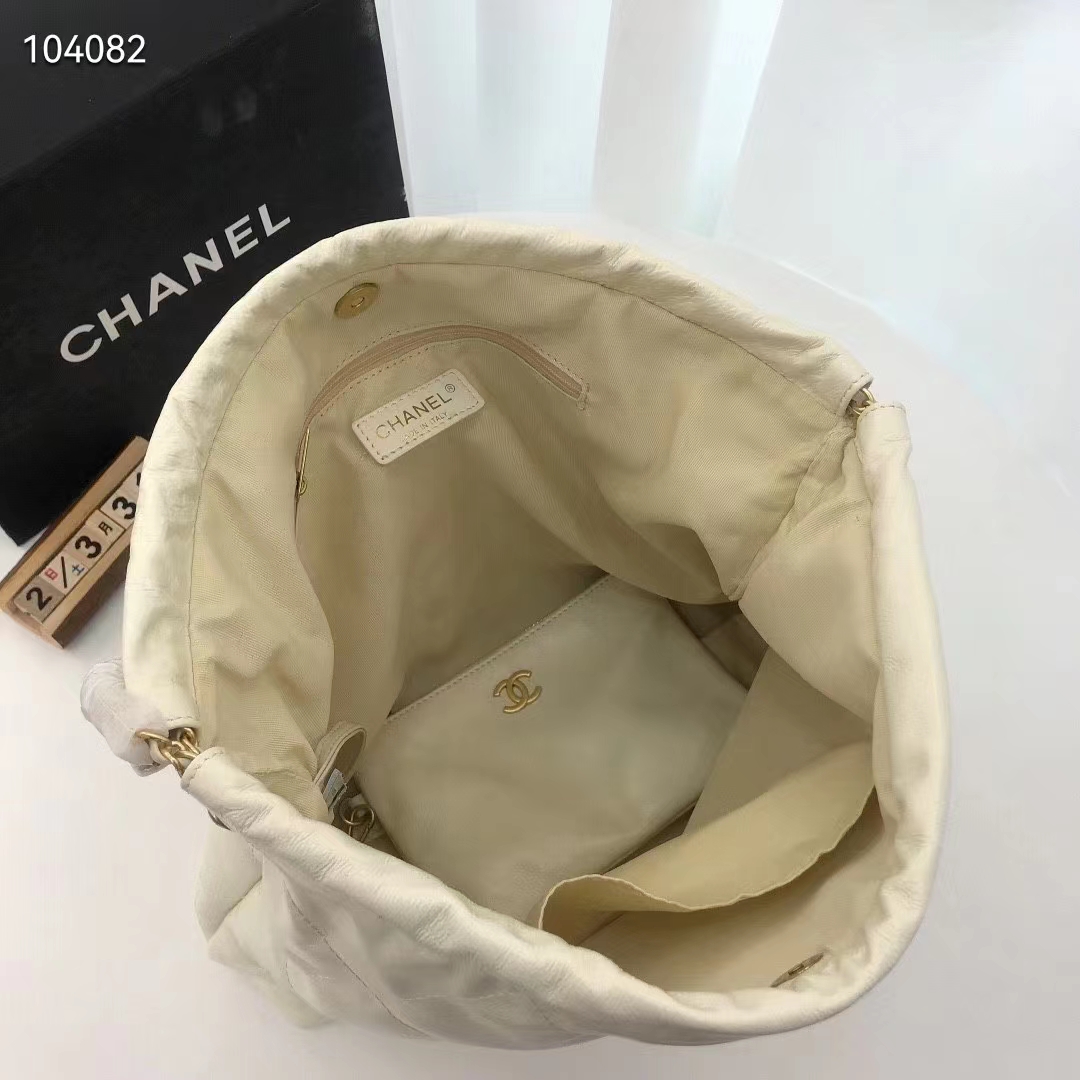 Chanel Women 22 Small Handbag Shiny Calfskin Gold-Tone Metal Beige