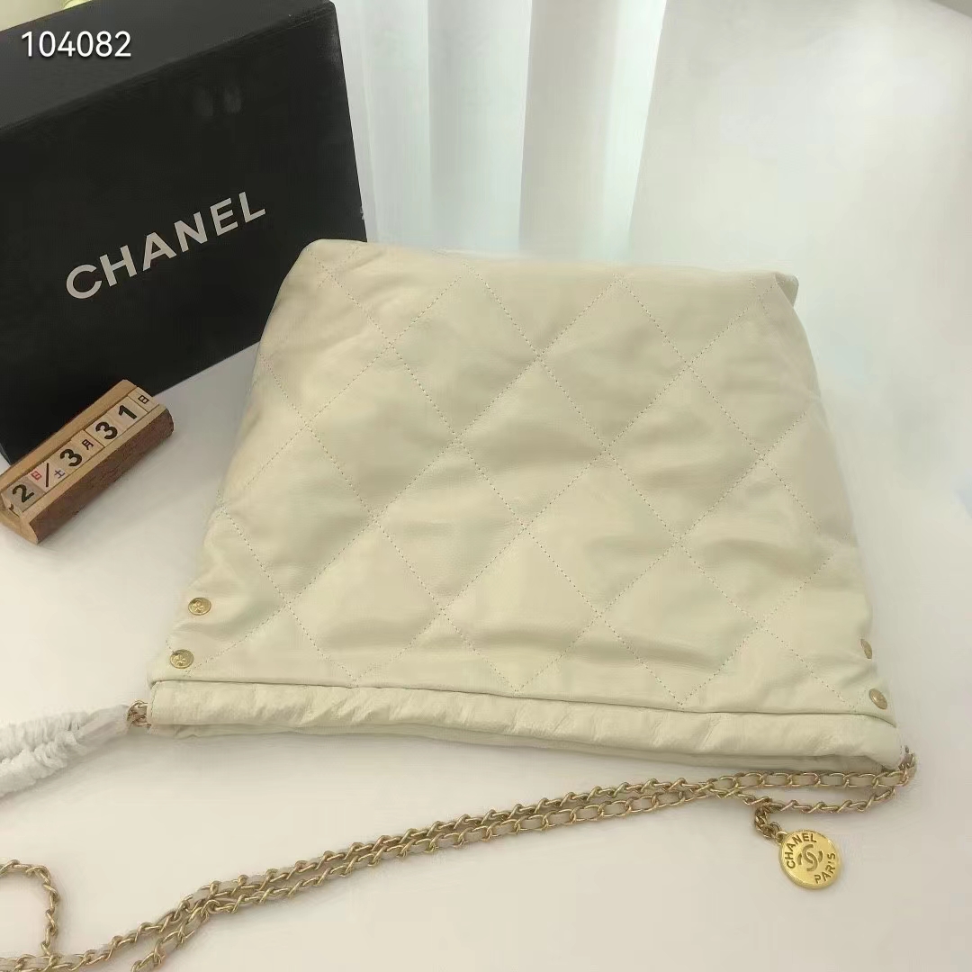 Chanel Women 22 Small Handbag Shiny Calfskin Gold-Tone Metal Beige