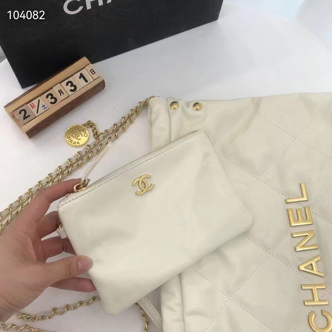 Chanel Women 22 Small Handbag Shiny Calfskin Gold-Tone Metal Beige