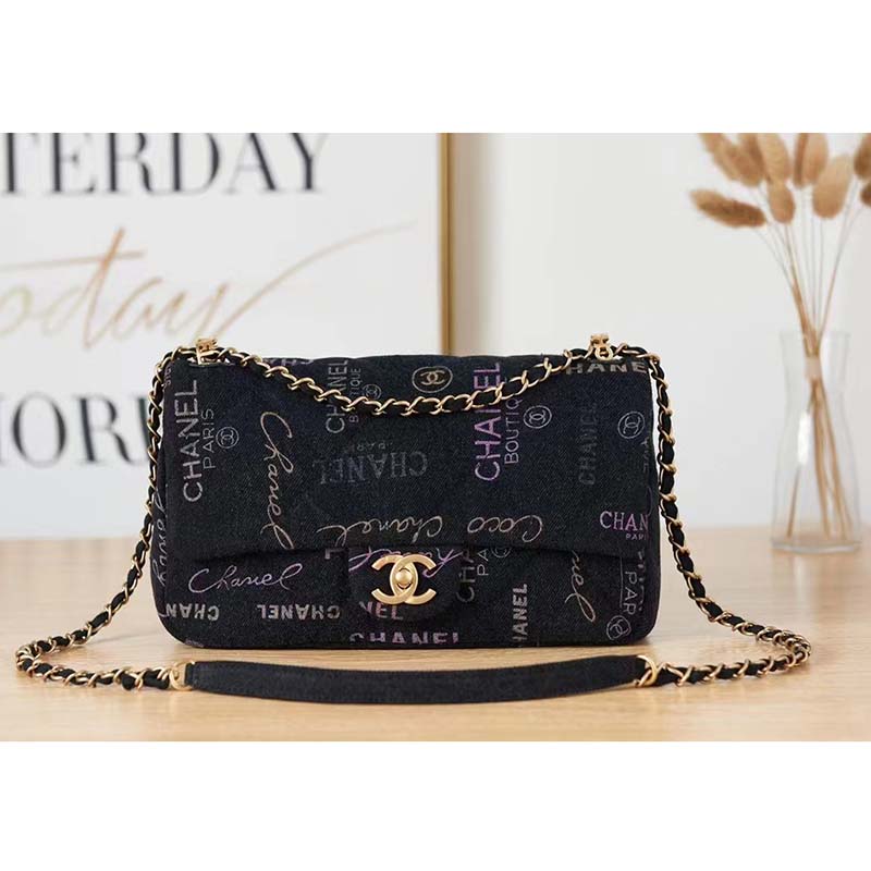 Chanel Women Large Flap Bag Printed Denim Gold-Tone Metal Black Multicolor