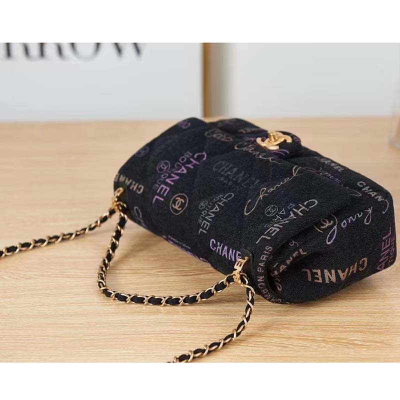 Chanel Women Large Flap Bag Printed Denim Gold-Tone Metal Black Multicolor