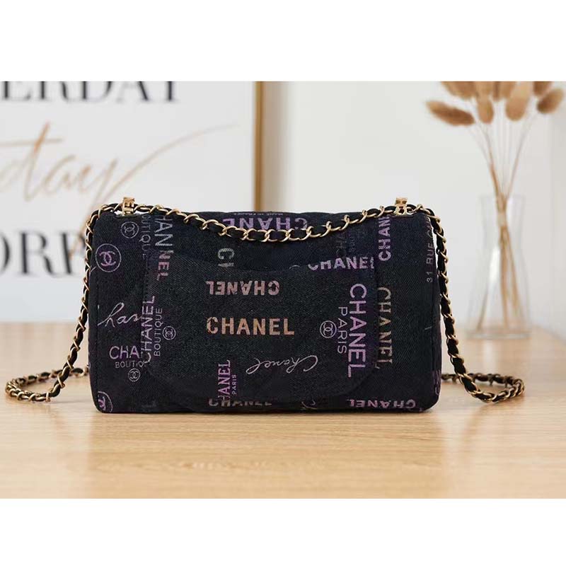 Chanel Women Large Flap Bag Printed Denim Gold-Tone Metal Black Multicolor