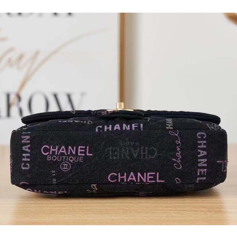 Chanel Women Large Flap Bag Printed Denim Gold-Tone Metal Black Multicolor