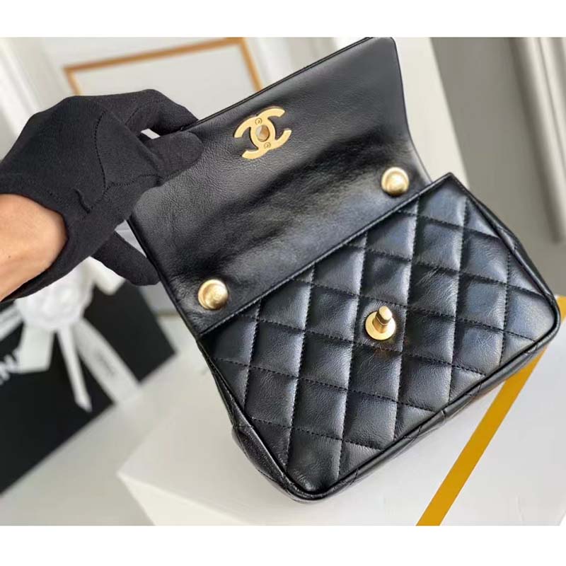 Chanel Women Mini Flap Bag Calfskin Imitation Pearls Gold-Tone Metal Black
