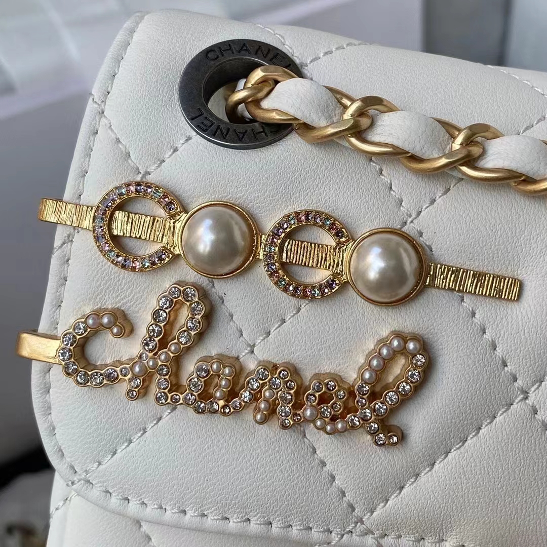Chanel Women Mini Flap Bag Lambskin Glass Imitation Pearls Strass Gold Silver