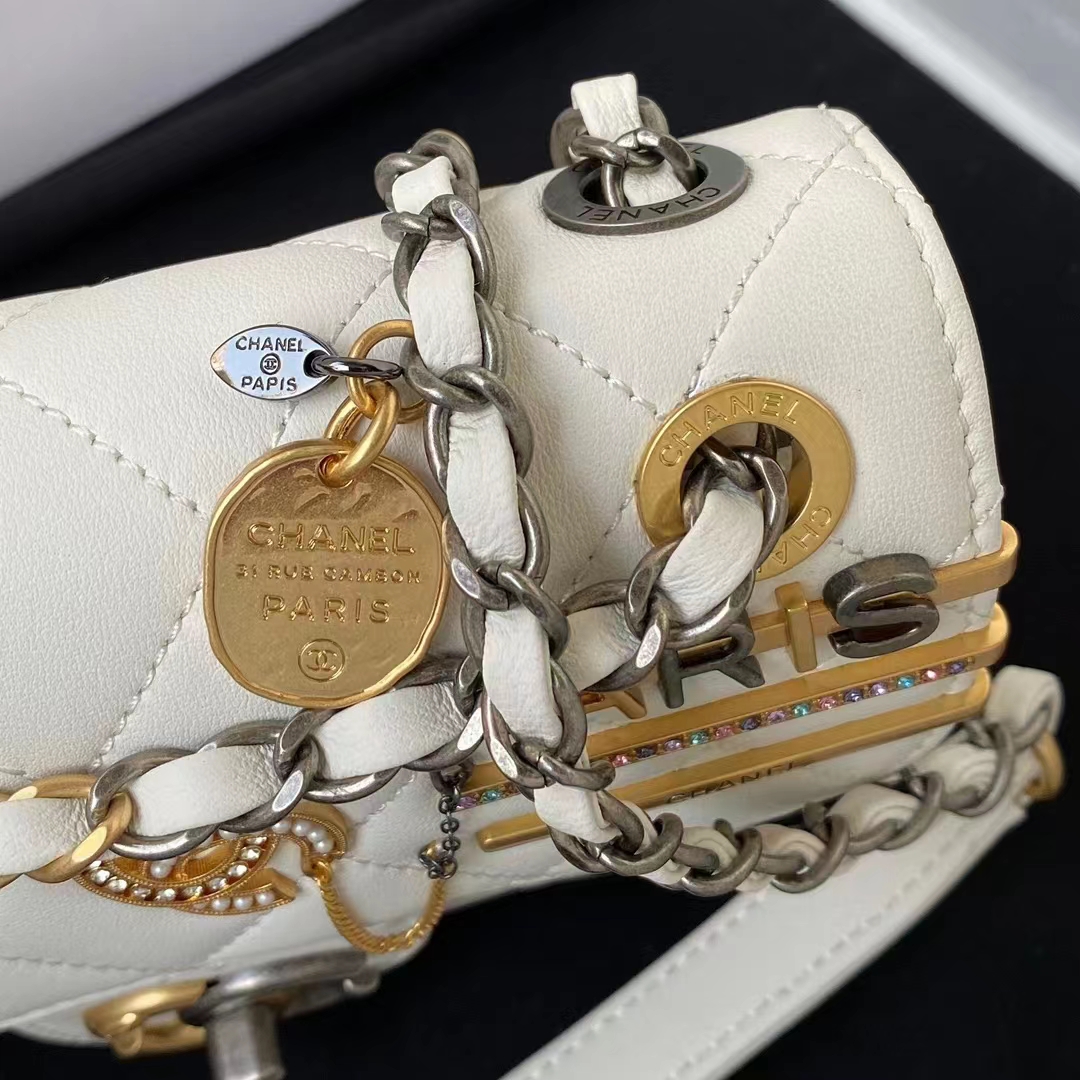 Chanel Women Mini Flap Bag Lambskin Glass Imitation Pearls Strass Gold Silver