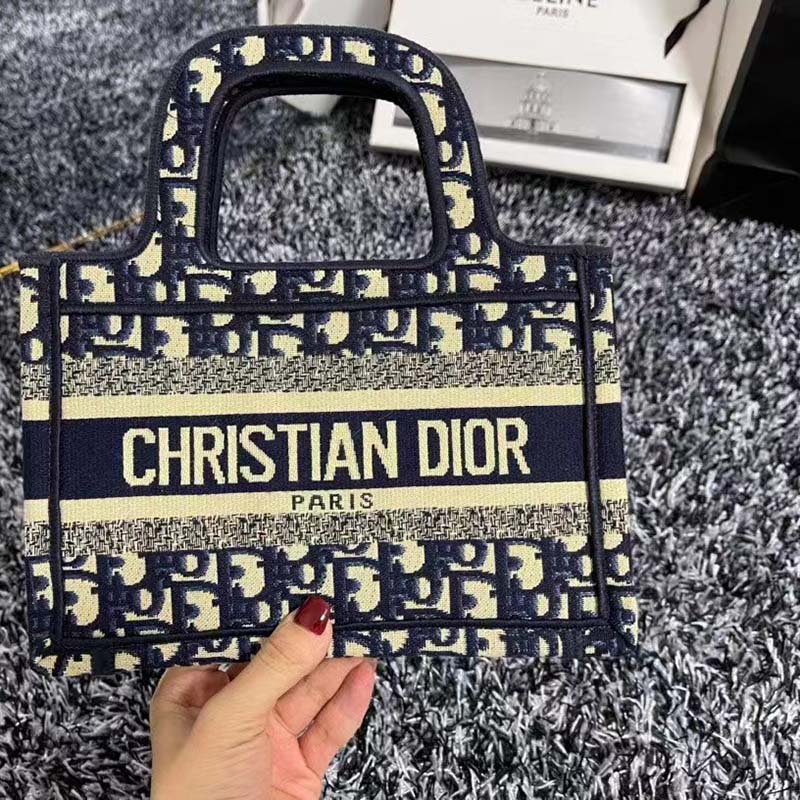 Dior CD Women Mini Dior Book Tote Blue Dior Oblique Embroidery