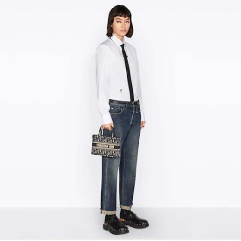 Dior CD Women Mini Dior Book Tote Blue Dior Oblique Embroidery