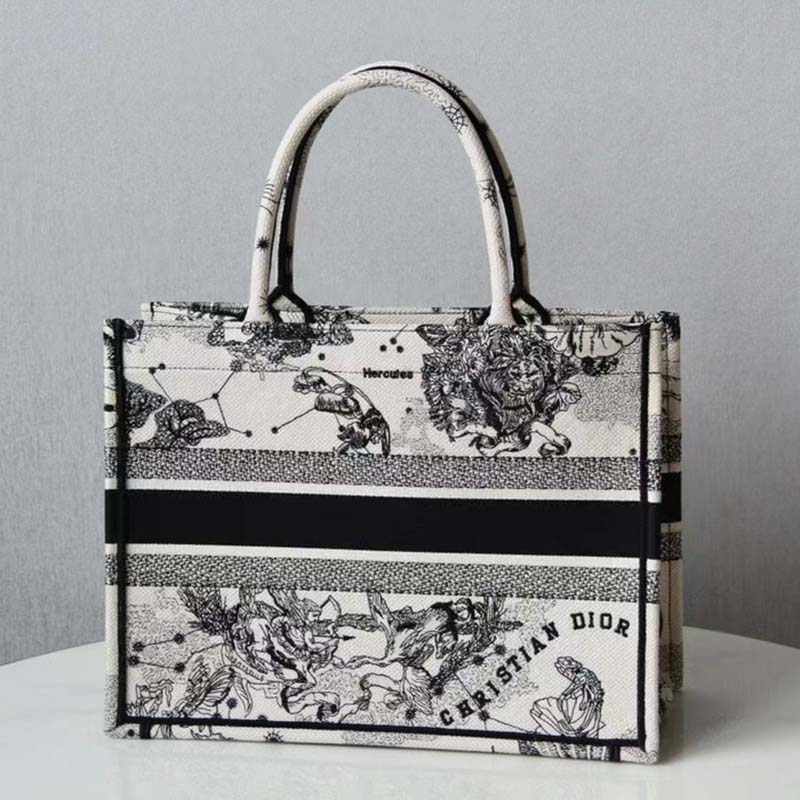 Dior Unisex CD Medium Dior Book Tote Beige Latte Dior Zodiac Embroidery