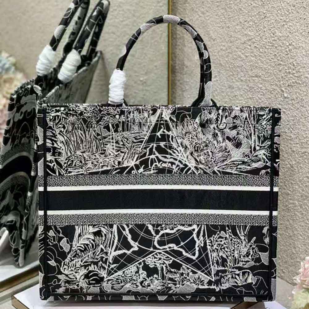 Dior Women Book Tote Black and White Dior Around the World Embroidery