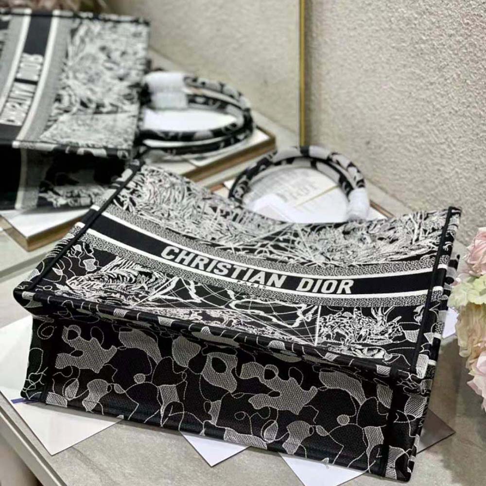 Dior Women Book Tote Black and White Dior Around the World Embroidery