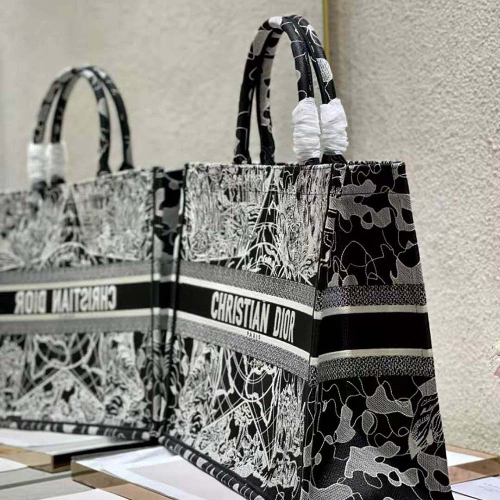 Dior Women Book Tote Black and White Dior Around the World Embroidery