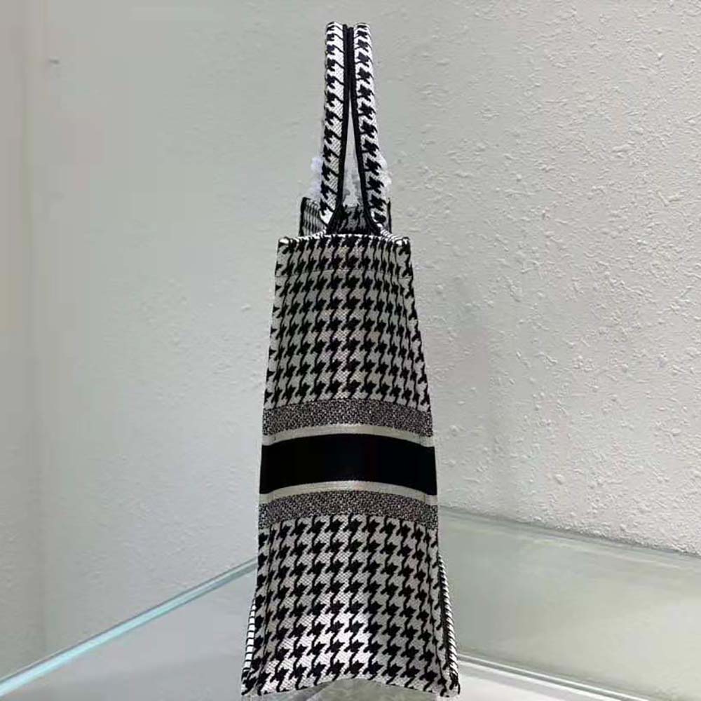 Dior Women Book Tote Black and White Houndstooth Embroidery