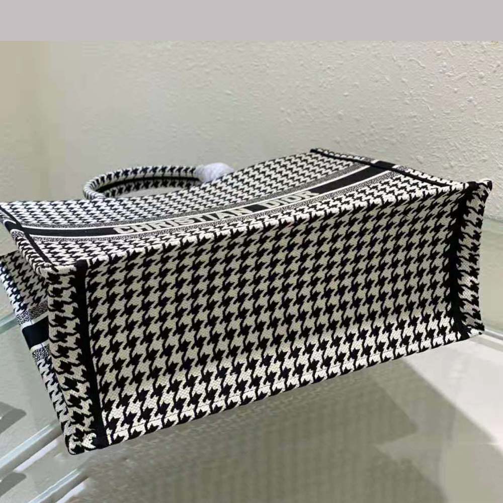 Dior Women Book Tote Black and White Houndstooth Embroidery