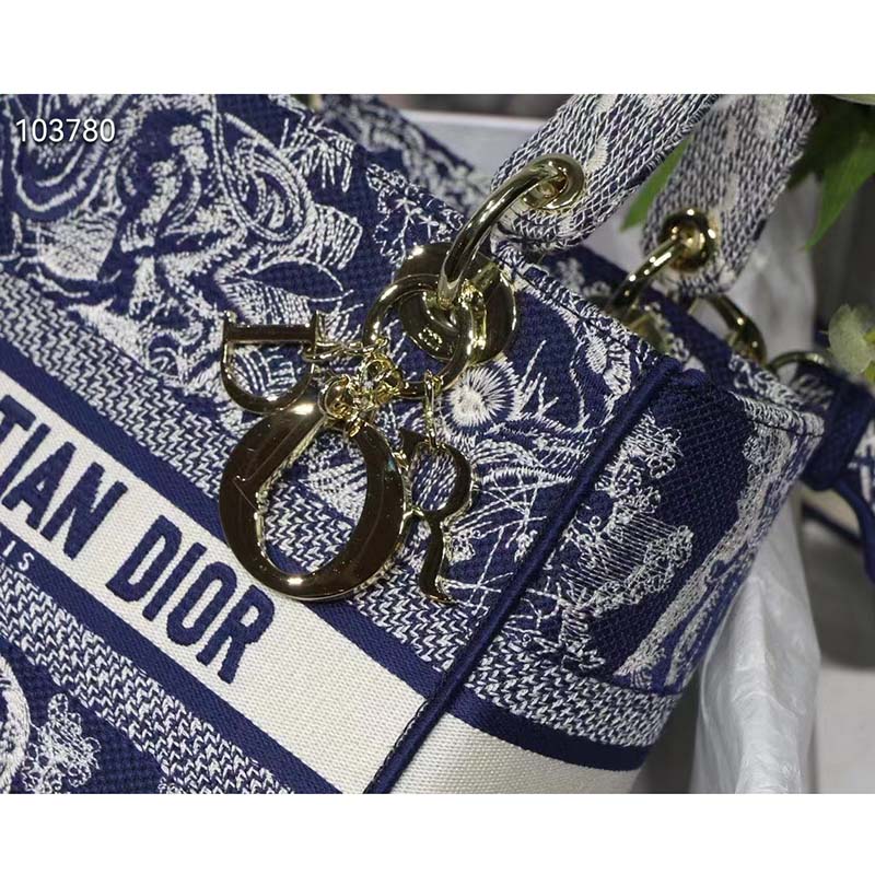 Dior Women CD Medium Lady D-Lite Bag Blue Toile De Jouy Reverse Embroidery