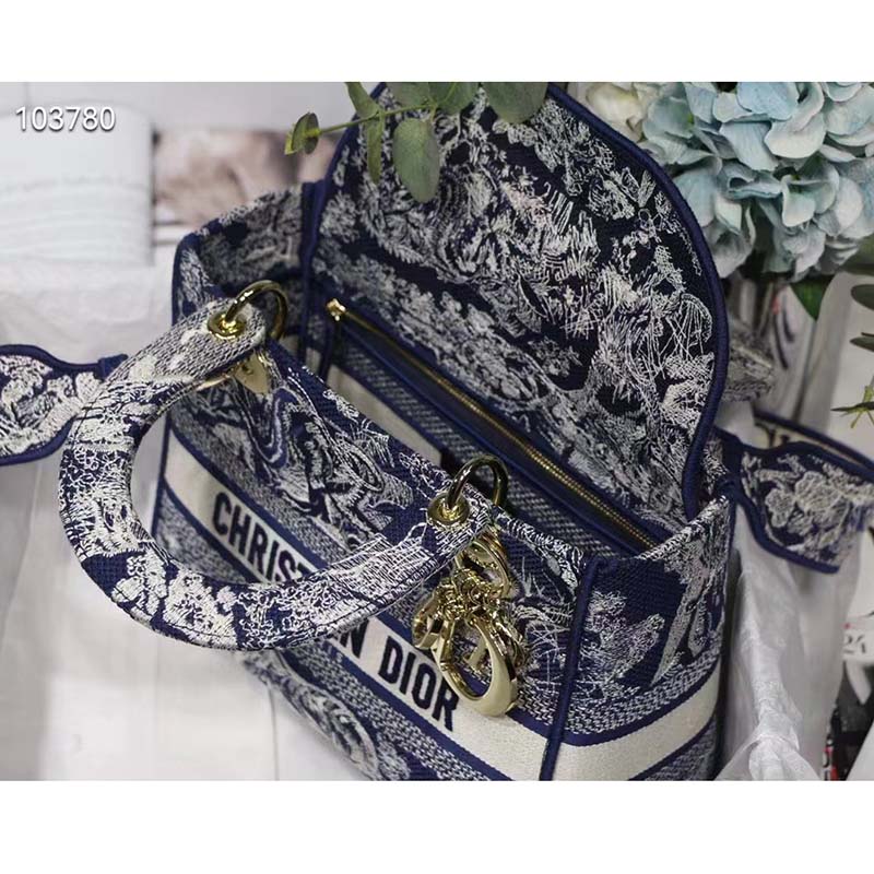 Dior Women CD Medium Lady D-Lite Bag Blue Toile De Jouy Reverse Embroidery