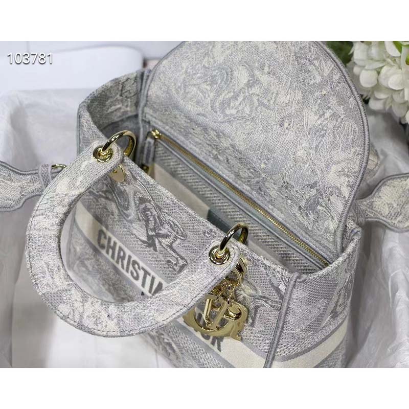 Dior Women CD Medium Lady D-Lite Bag Gray Toile De Jouy Reverse Embroidery