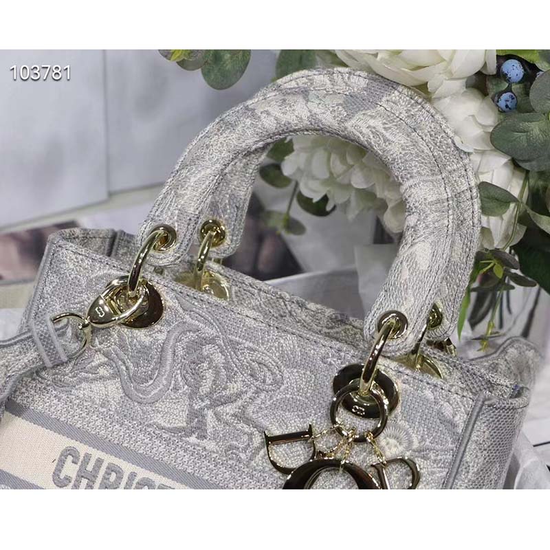 Dior Women CD Medium Lady D-Lite Bag Gray Toile De Jouy Reverse Embroidery
