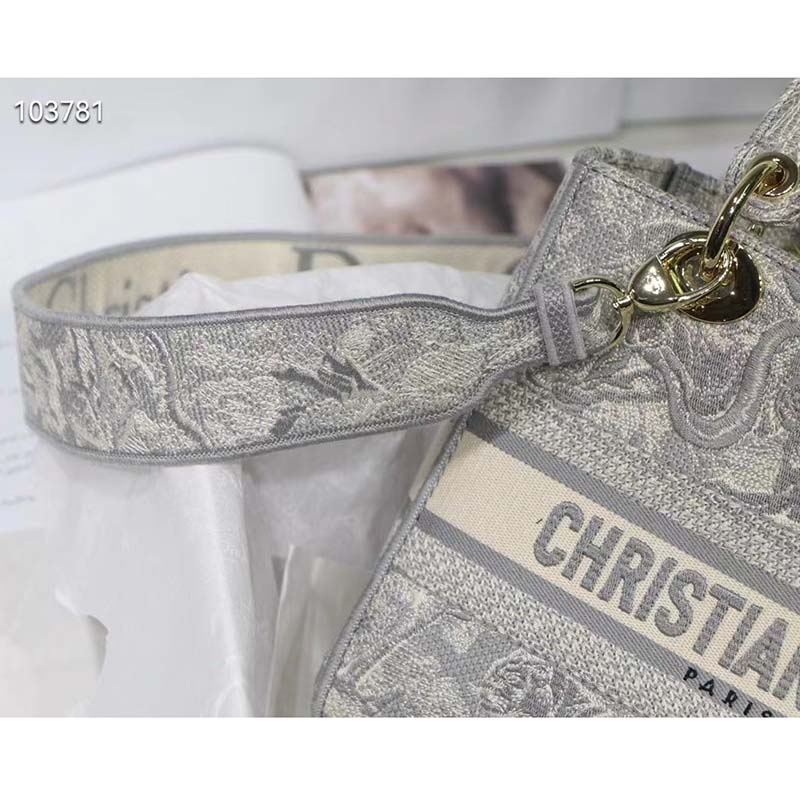 Dior Women CD Medium Lady D-Lite Bag Gray Toile De Jouy Reverse Embroidery
