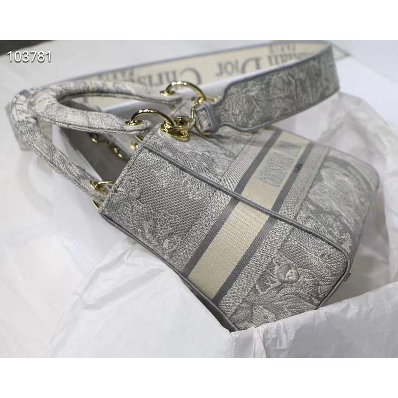 Dior Women CD Medium Lady D-Lite Bag Gray Toile De Jouy Reverse Embroidery