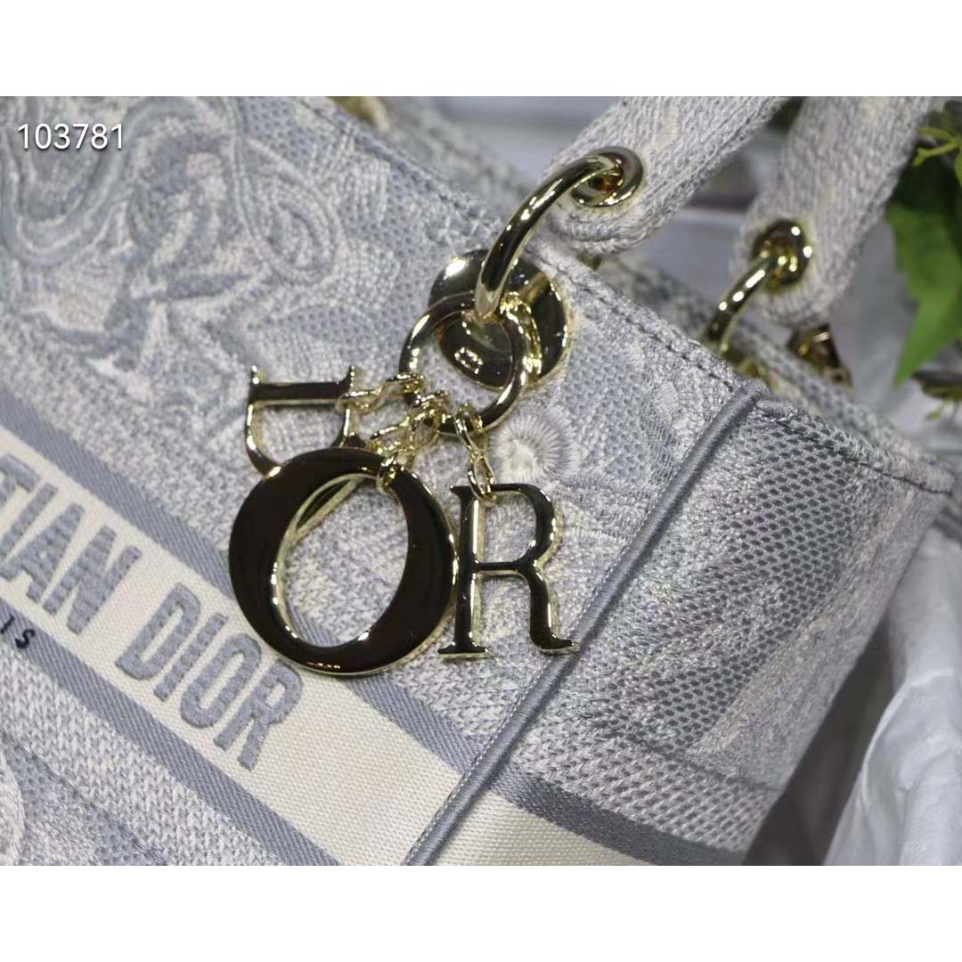 Dior Women CD Medium Lady D-Lite Bag Gray Toile De Jouy Reverse Embroidery