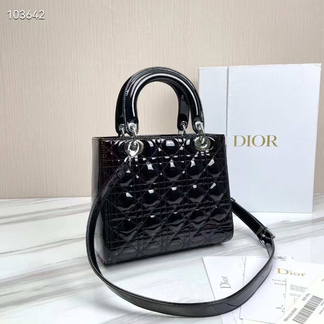 Dior Women CD Medium Lady Dior Bag Black Patent Cannage Calfskin