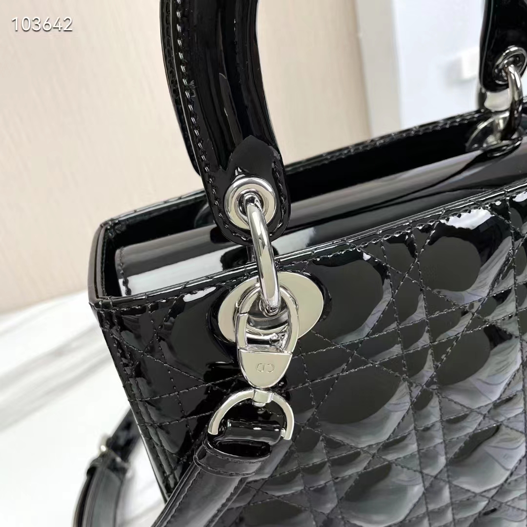 Dior Women CD Medium Lady Dior Bag Black Patent Cannage Calfskin