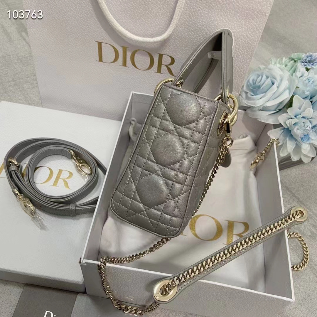 Dior Women CD Mini Lady Dior Bag Gray Cannage Lambskin
