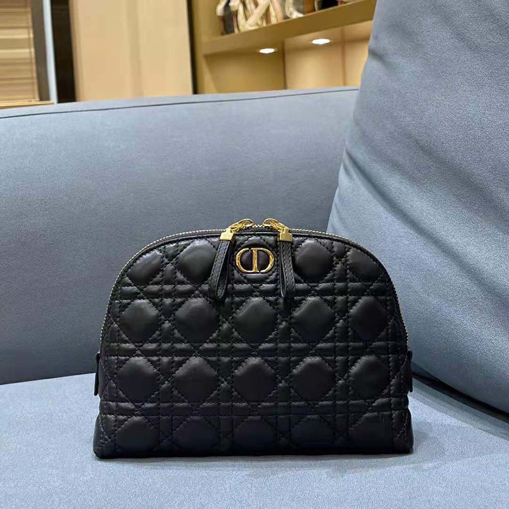 Dior Women Caro Beauty Pouch Black Cannage Lambskin