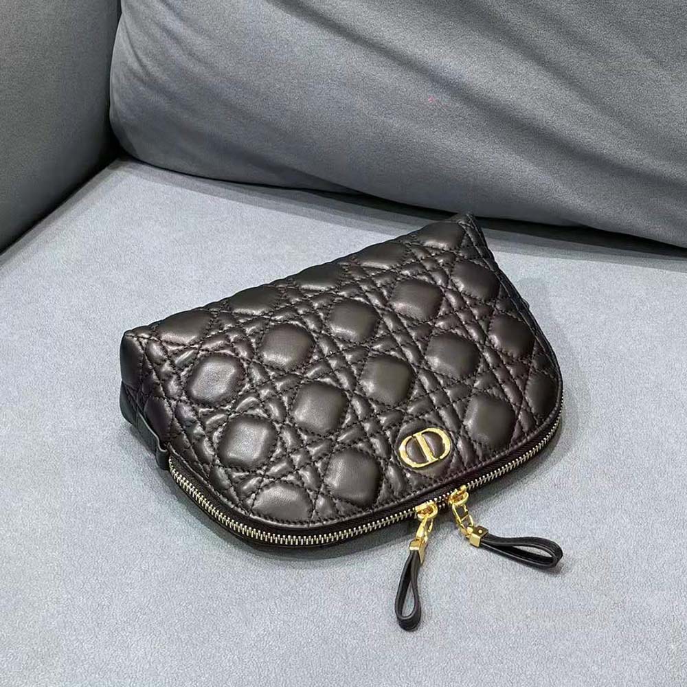 Dior Women Caro Beauty Pouch Black Cannage Lambskin