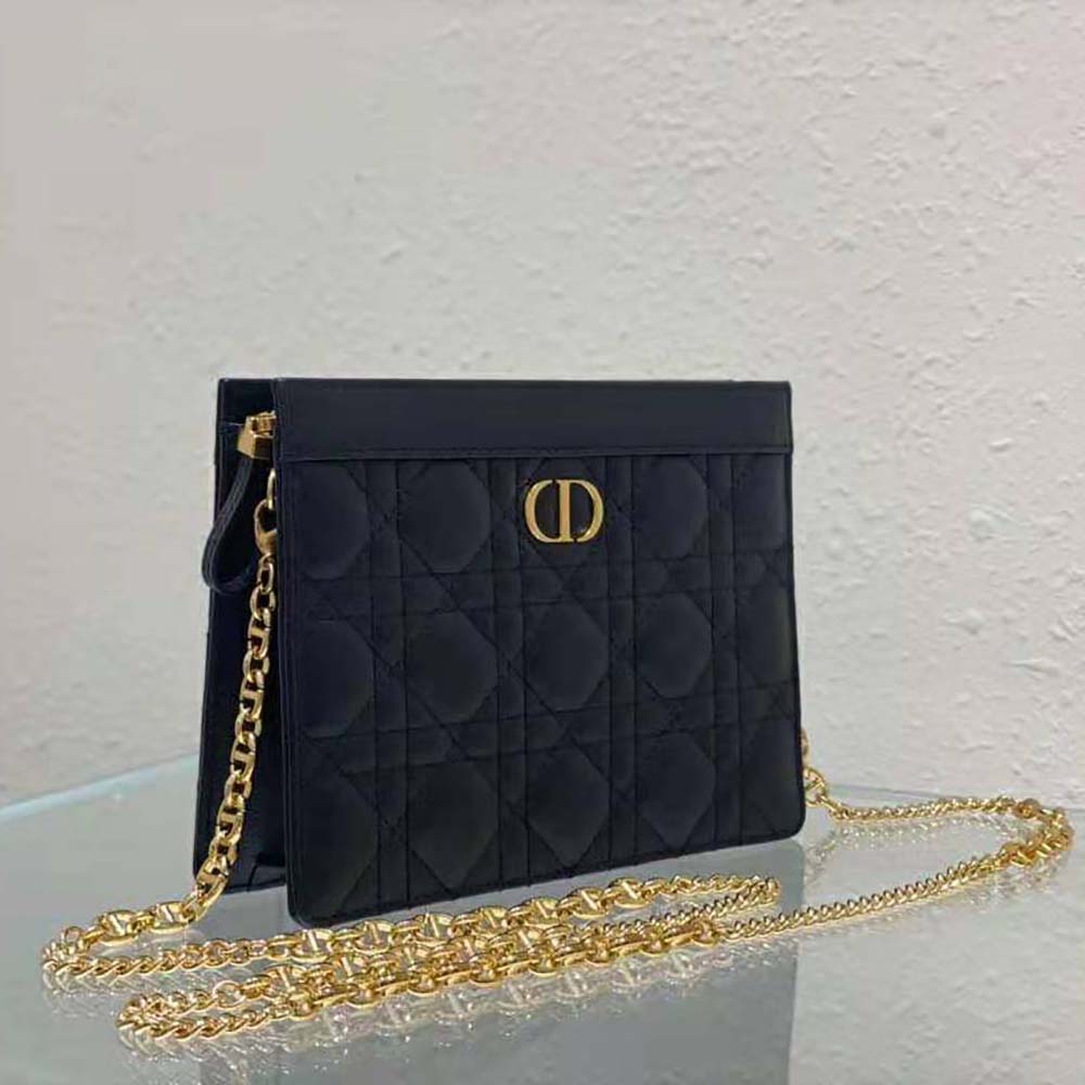 Dior Women Caro Zipped Pouch with Chain Black Supple Cannage Calfskin