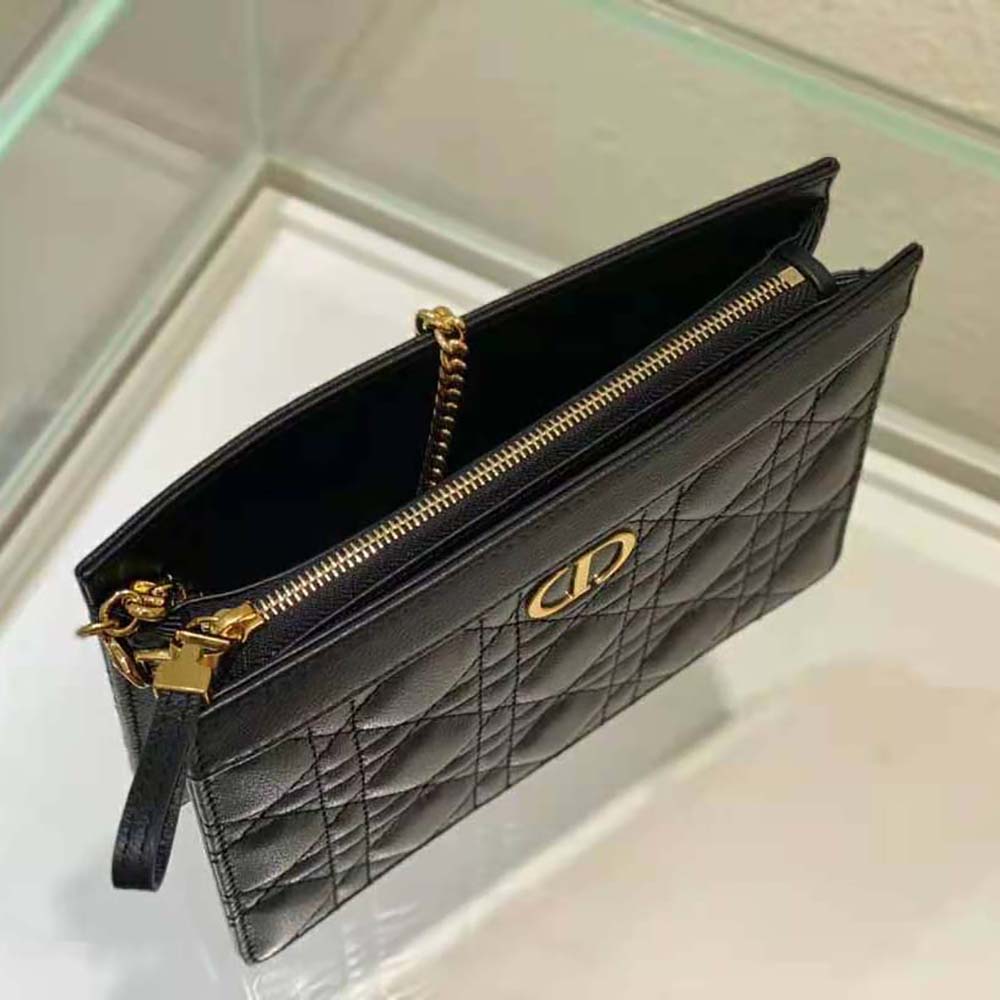 Dior Women Caro Zipped Pouch with Chain Black Supple Cannage Calfskin