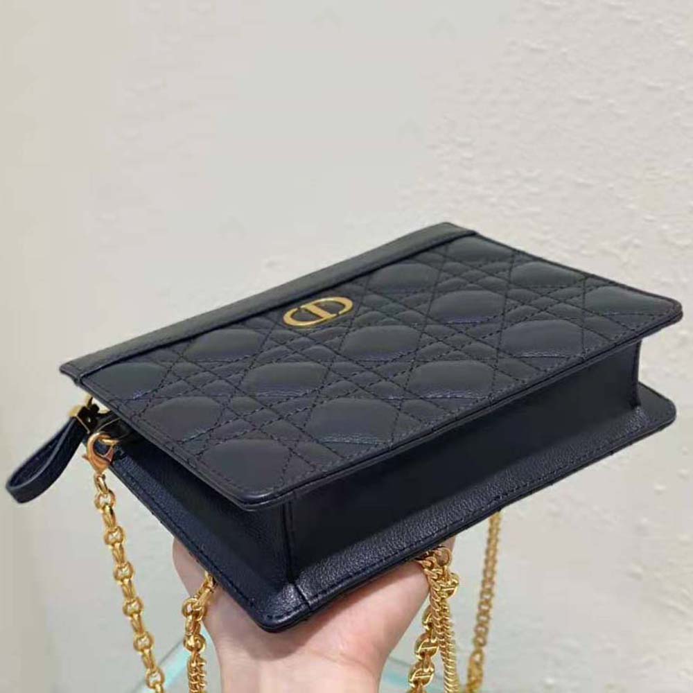 Dior Women Caro Zipped Pouch with Chain Black Supple Cannage Calfskin