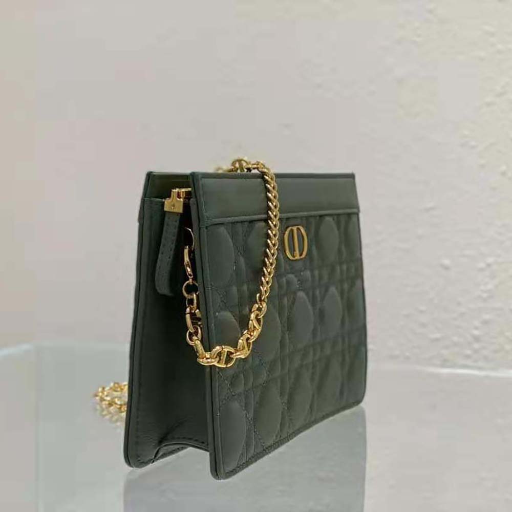 Dior Women Caro Zipped Pouch with Chain Cedar Green Supple Cannage Calfskin