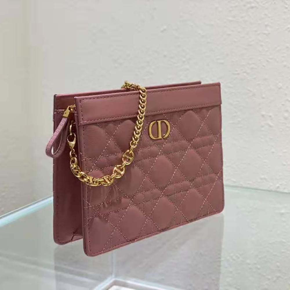 Dior Women Caro Zipped Pouch with Chain Cedar Pink Supple Cannage Calfskin