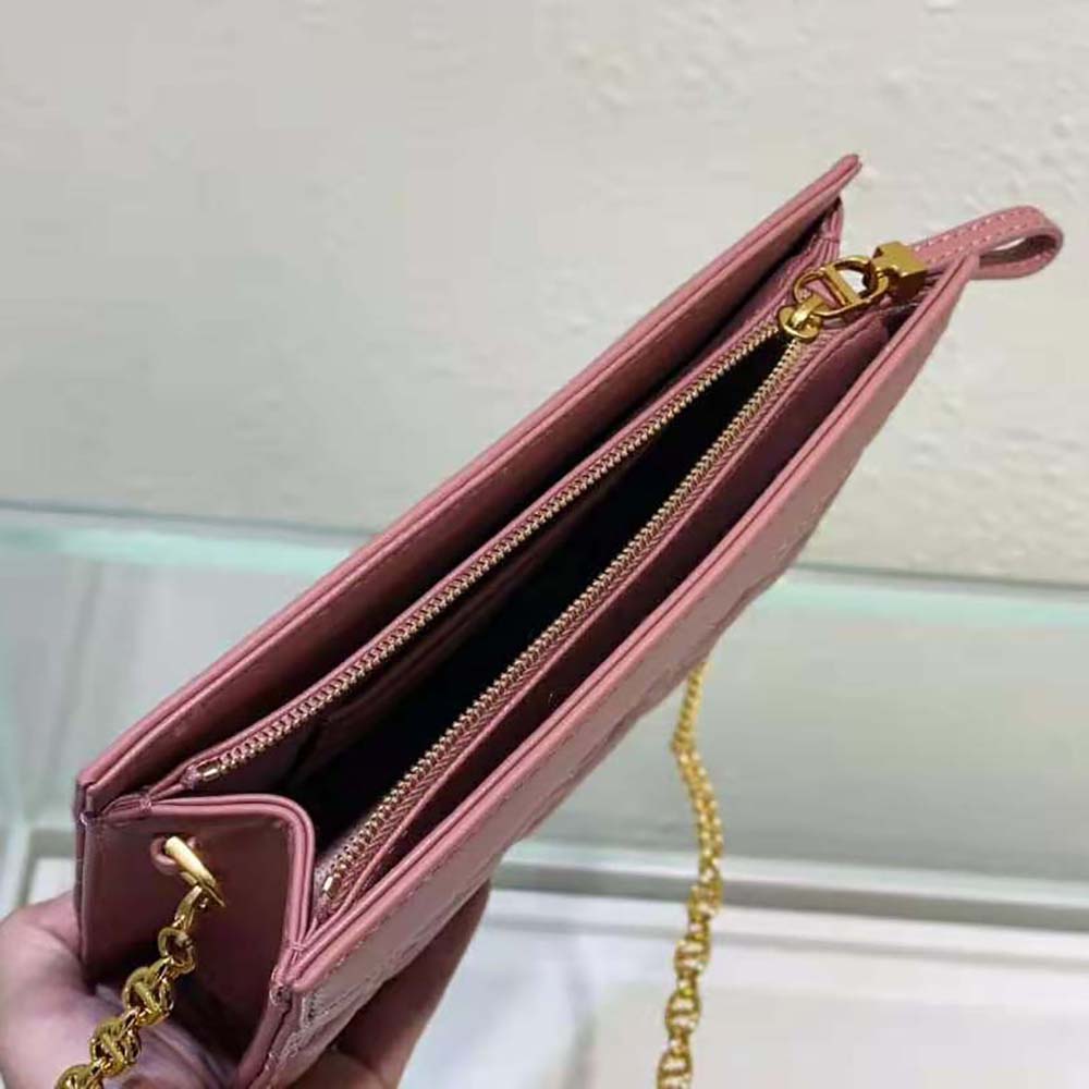 Dior Women Caro Zipped Pouch with Chain Cedar Pink Supple Cannage Calfskin