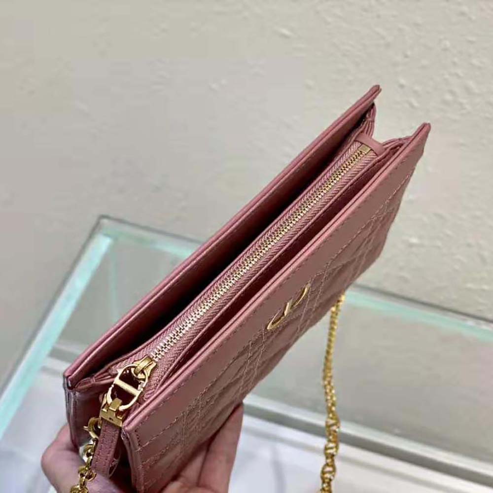 Dior Women Caro Zipped Pouch with Chain Cedar Pink Supple Cannage Calfskin