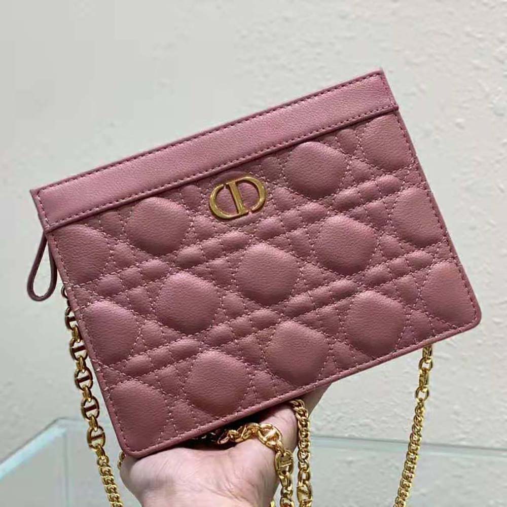 Dior Women Caro Zipped Pouch with Chain Cedar Pink Supple Cannage Calfskin