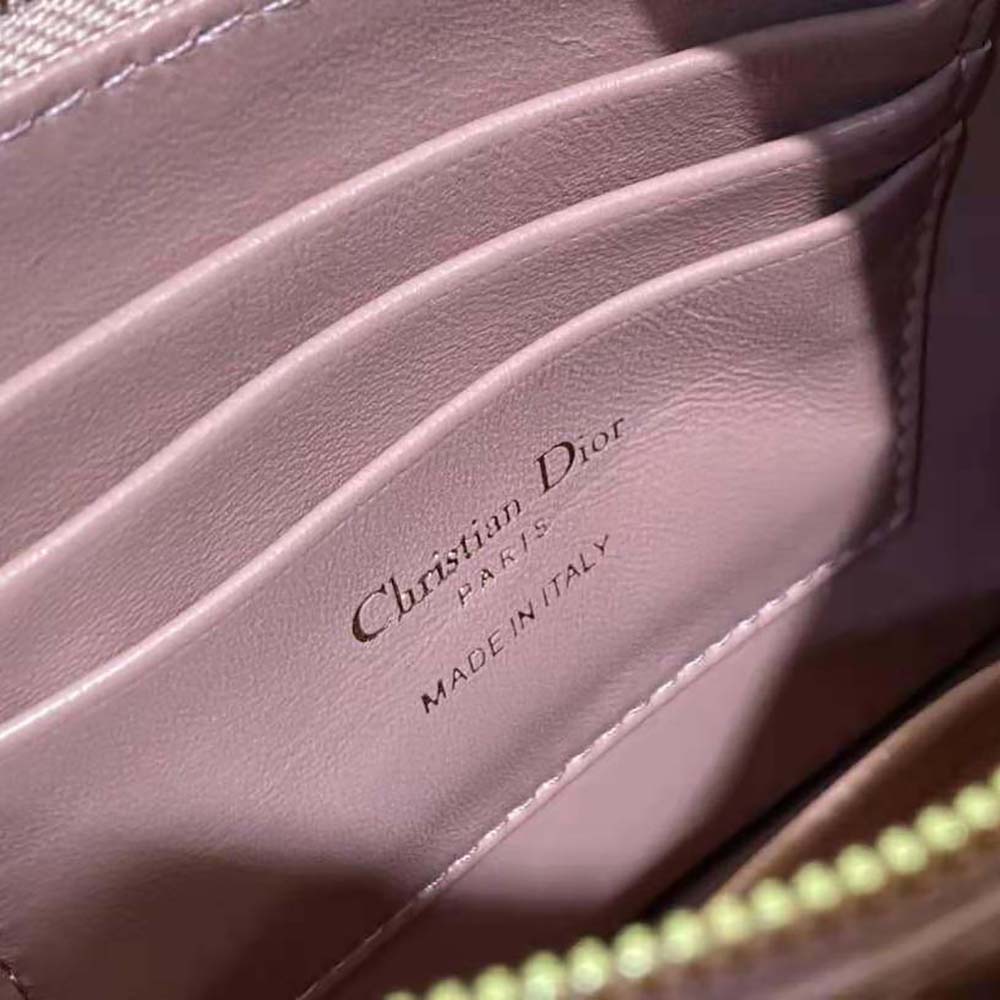 Dior Women Caro Zipped Pouch with Chain Cedar Pink Supple Cannage Calfskin