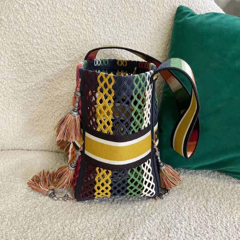 Dior Women D-Bubble Bucket Bag Multicolor Mesh Embroidery