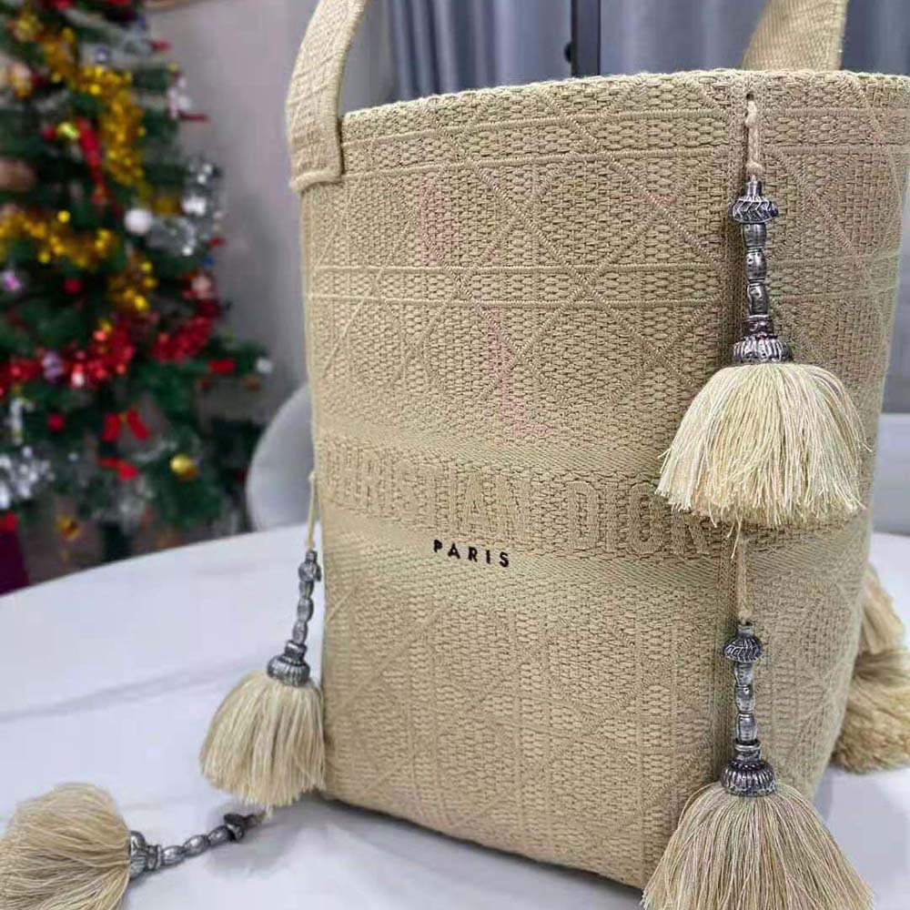 Dior Women D-bubble Bucket Bag Beige Cannage Embroidery with Straw Effect