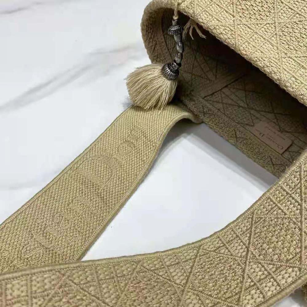 Dior Women D-bubble Bucket Bag Beige Cannage Embroidery with Straw Effect
