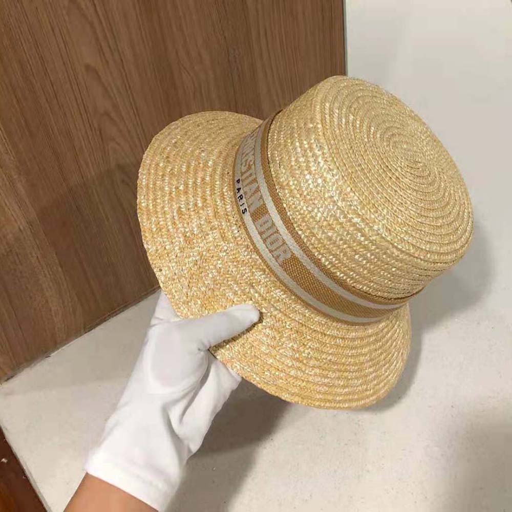 Dior Unisex CD Dioresort Small Brim Hat Natural Straw Pink Band